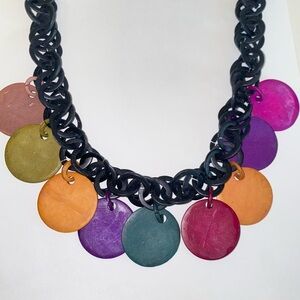 Vintage 80s Multicolor & Black Large Wood Disc Fashion Statement Piece Necklace